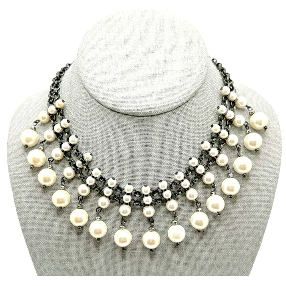 Vintage Faux Pearl Dangle Collar Necklace Black Chain Tribal Choker 14